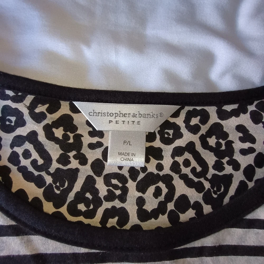 Christopher & Banks 3/4 sleeve striped leopard print shirt size L petite
